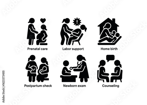 flat black solid icon items isolated on white background midwife (activities): prenatal care labor support home birth postpartum check newborn exam counseling