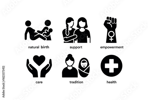 flat black solid icon items isolated on white background midwife (concepts): natural birth support empowerment care tradition health