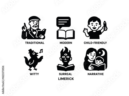 flat black solid icon items isolated on white background limerick (styles): traditional modern child friendly witty surreal narrative