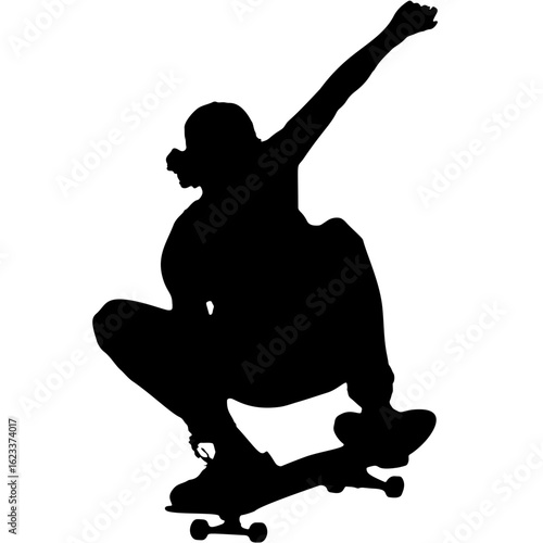 Dynamic black silhouette of a skateboarder mid-air executing a jump trick, representing the freedom and skill of extreme street sports.