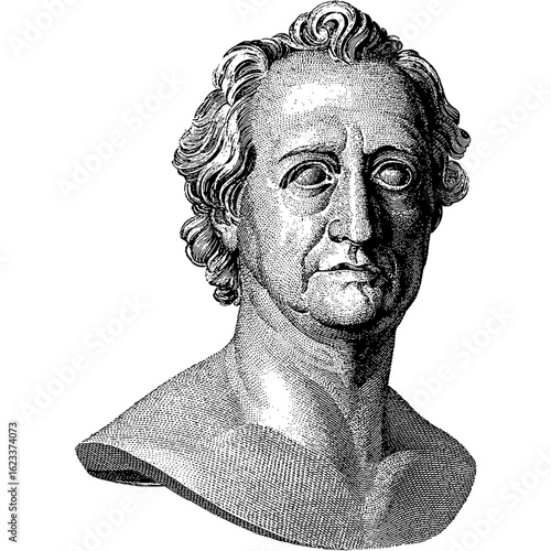 Neoclassical engraved bust of an influential European philosopher and writer. A vintage portrait of a historical German intellectual in a classical style.