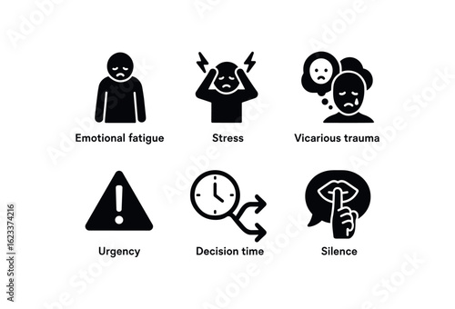 flat black solid icon items isolated on white background crisis counselor (challenges): emotional fatigue stress vicarious trauma urgency decision time silence