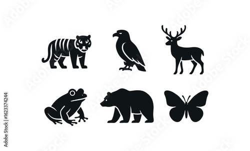 flat black solid icon items isolated on white background wildlife photographer (subjects): tiger eagle deer frog bear butterfly