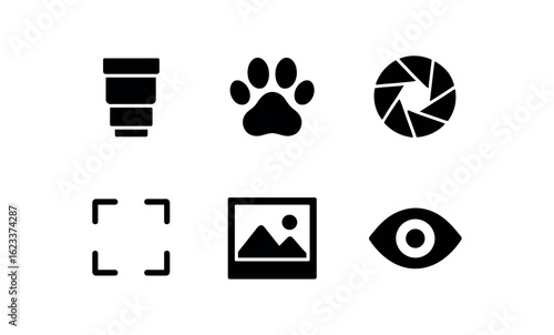flat black solid icon items isolated on white background wildlife photographer (symbols): lens icon paw print shutter click focus grid photo frame wild eye