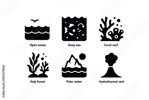 flat black solid icon items isolated on white background oceanographer (environments): open ocean deep sea coral reef kelp forest polar water hydrothermal vent