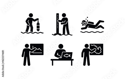 flat black solid icon items isolated on white background oceanographer (actions): sampling measuring diving charting analyzing mapping