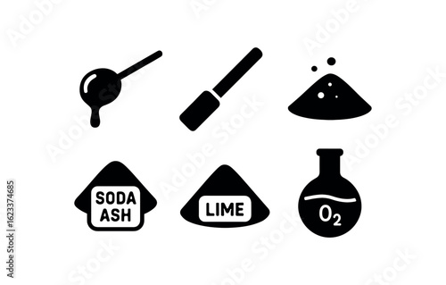flat black solid icon items isolated on white background glassblow (materials): molten glass color sand soda ash lime metal oxide