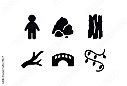flat black solid icon items isolated on white background terrarium (decor): tiny figurine rock bark driftwood bridge fairy light