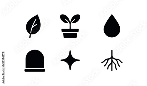 flat black solid icon items isolated on white background terrarium (symbols): leaf icon plant water droplet dome shape glass shine root lines