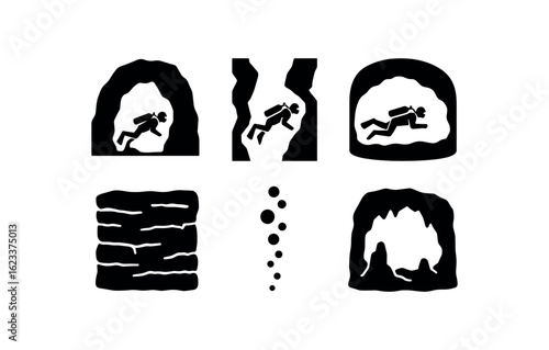 flat black solid icon items isolated on white background cave diver (scenes): underwater tunnel narrow passage submerged chamber limestone bubble trail sunken cave