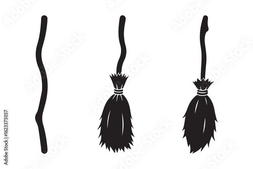 Three witch broomstick silhouettes a handle and two complete brooms