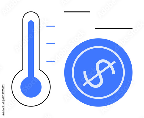 Blue thermometer indicating progress and dollar sign coin symbolizing monetary goals and investments. Ideal for business, finance, savings, fundraising, progress, achievement, budgeting. Simple flat