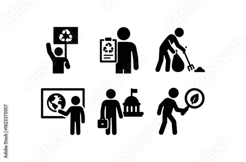 flat black solid icon items isolated on white background environmental activist (activities): rallying petitioning cleaning educating lobbying researching
