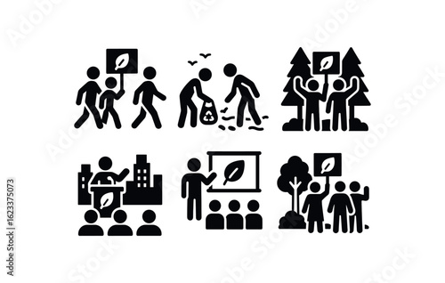 flat black solid icon items isolated on white background environmental activist (scenes): march beach cleanup forest protest city speech eco seminar park gathering