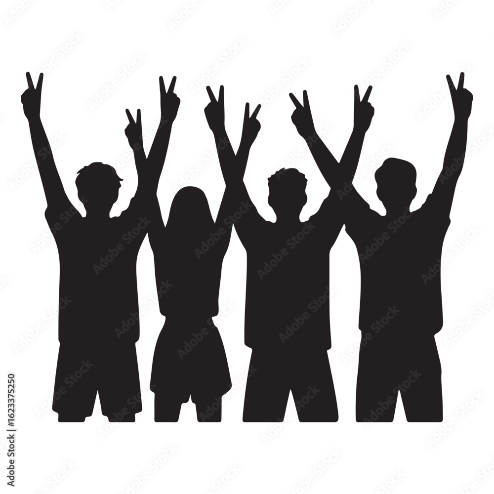 Silhouette of four people with raised arms and victory signs Silhouette of four people with raised arms and victory signs