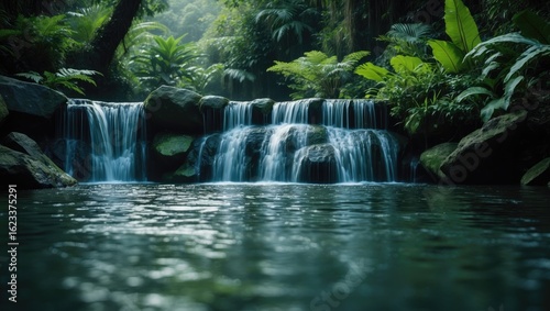 Serene waterfall cascading over rocks into a calm river surrounded by lush green tropical trees and plants. © Lasvu