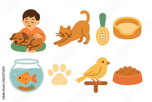 Relaxing with Pets Icons. Flat vector mini-illustrations relaxing with pets in colors children's illustrations