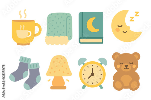 Comforting Bedtime Icons. Flat vector mini-illustrations comforting bedtime routines in colors children's