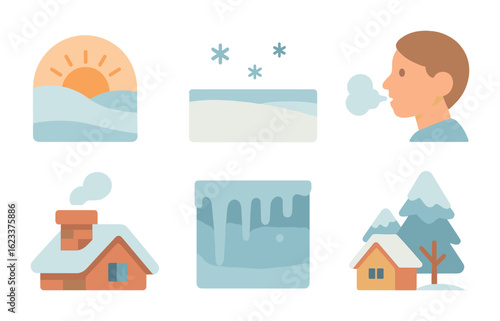 Winter Morning Icons. Flat vector mini-illustrations early winter morning with snow in colors children's