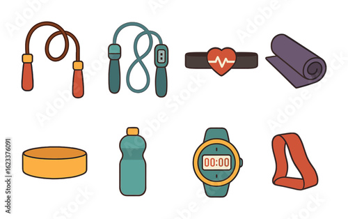 Colorful Fitness Tools. Flat vector mini-illustrations jump rope fitness tools in colors children's