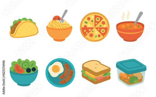 Kids' Dinner Nights. Flat vector mini-illustrations themed dinner planning nights in colors children's