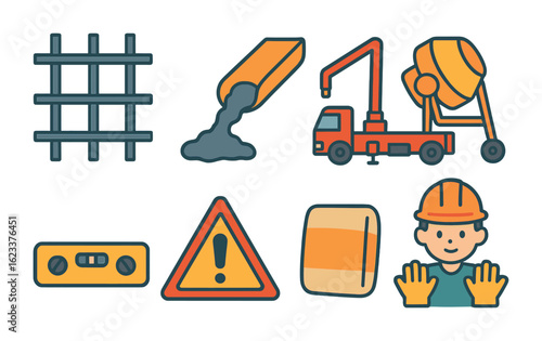 Foundation Pouring Icons. Flat vector mini-illustrations foundation pouring process in colors children's