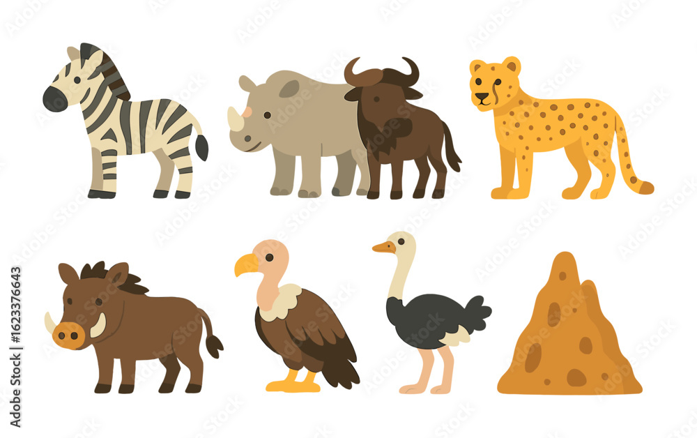 Naklejka premium Savanna Animal Icons. Flat vector mini-illustrations African savanna animals in colors children's