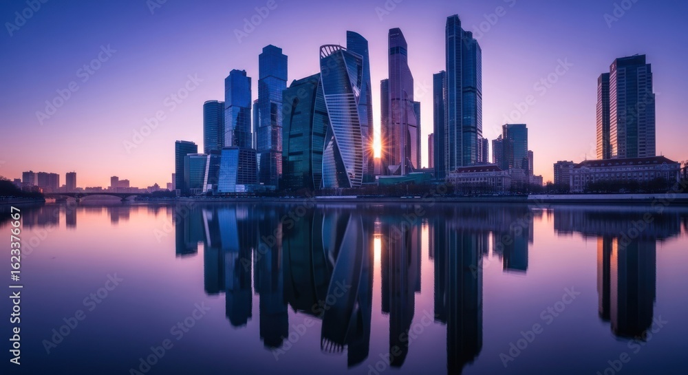 Fototapeta premium City skyline at sunrise, reflected in calm water. Modern skyscrapers, pastel colors, tranquil ambiance