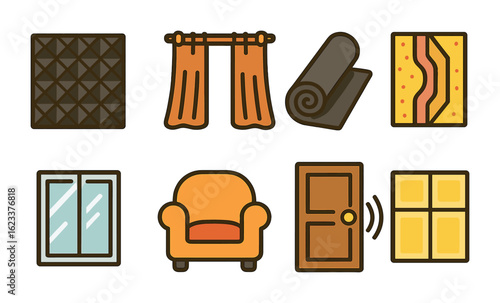 Soundproofing Materials Grid. Flat vector mini-illustrations soundproofing materials in colors children's