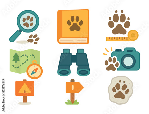 Animal Tracking Tools. Flat vector mini-illustrations Animal tracking tools and signs in colors children's
