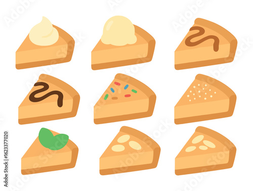 Pie Slice Toppings. Flat vector mini-illustrations dessert toppings on pie slices in colors children's