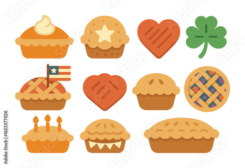 Holiday Pie Illustrations. Flat vector mini-illustrations holiday pies in colors children's illustrations: