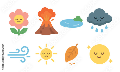 Nature Emotions Grid. Flat vector mini-illustrations emotions as nature elements in colors children's