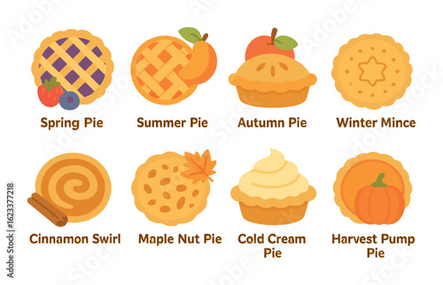 Seasonal Pie Flavors. Flat vector mini-illustrations seasonal pie flavors in colors children's illustrations: