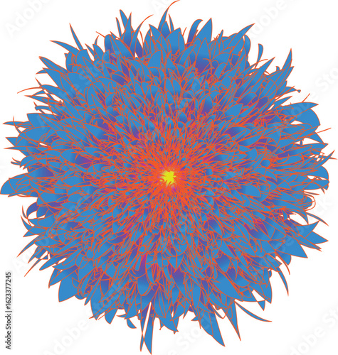 Radiant Abstract Floral Burst with Blue and Red Spiky Petals
