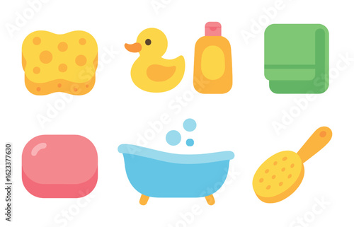 Children's Bath Time Icons. Flat vector mini-illustrations bath time tools in colors children's illustrations: