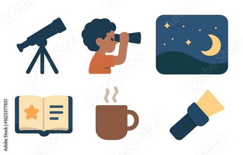 Children Stargazing Icons. Flat vector mini-illustrations stargazing at night in colors children's