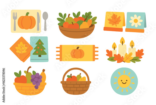 Seasonal Table Decorations. Flat vector mini-illustrations seasonal table decor in colors children's