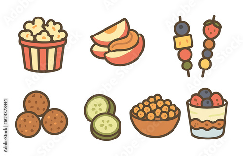 Healthy Snack Alternatives. Flat vector mini-illustrations of healthy snack substitutions in colors children's