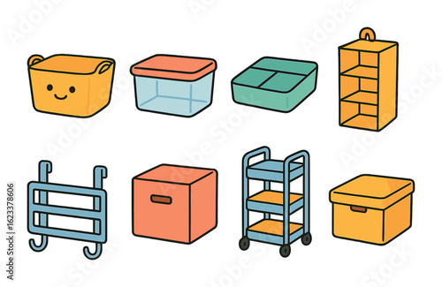 Children's Storage Icons. Flat vector mini-illustrations of storage bins and organizers in colors children's
