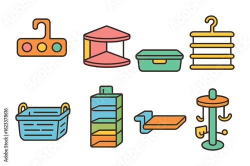 Kids Closet Organizer Icons. Flat vector mini-illustrations of organizing for small closets in colors children