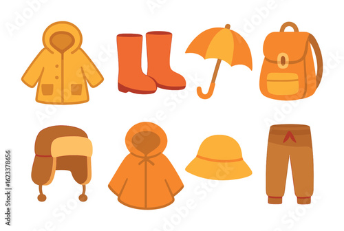 Rainy Day Fashion Icons. Flat vector mini-illustrations of rainy fall fashion in colors children's