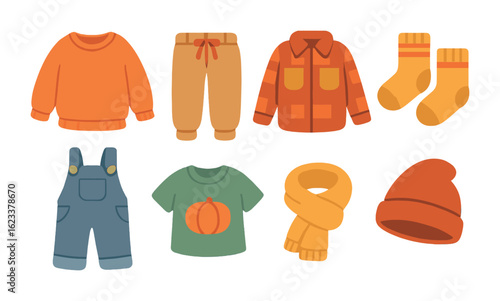 Fall Kids' Outfit Icons. Flat vector mini-illustrations of weekend fall outfits in colors children's
