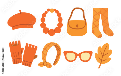 Trendy Fall Accessories. Flat vector mini-illustrations of trendy fall accessories in colors children's
