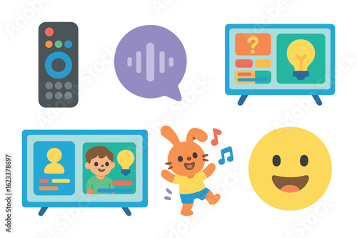 Interactive TV Icons. Flat vector mini-illustrations of interactive TV activities in colors children's