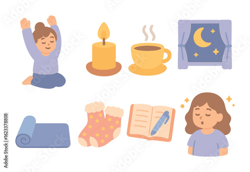 Children's Yoga Icons. Flat vector mini-illustrations of yoga for relaxation and sleep in colors children's