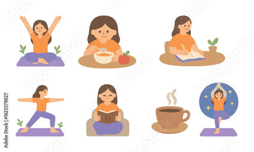 Children's Yoga Day. Flat vector mini-illustrations of yoga day routine in colors children's illustrations: