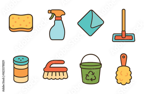 Eco Cleaning Supplies. Flat vector mini-illustrations of reusable cleaning supplies in colors children's