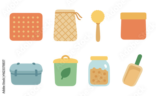 Zero-Waste Kitchen Icons. Flat vector mini-illustrations of zero-waste kitchen items in colors children's