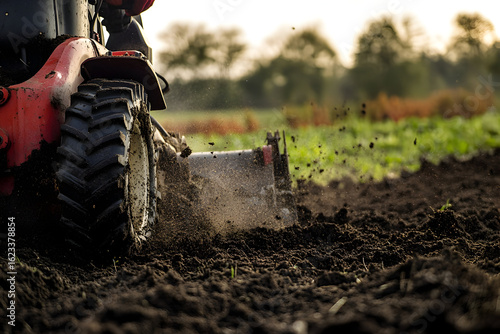 Dynamic agricultural scene of farm equipment tilling soil in a vibrant field setting